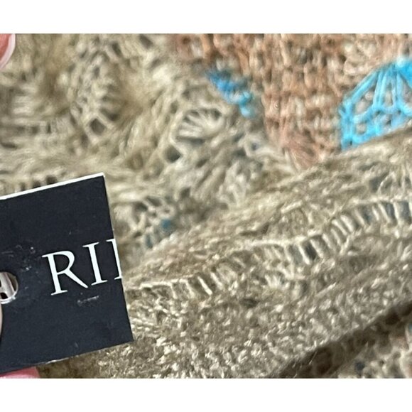 New Knit Scarf Poms Floral Burgundy Blue Tan Rectangle 19" X 68" - Picture 6 of 7